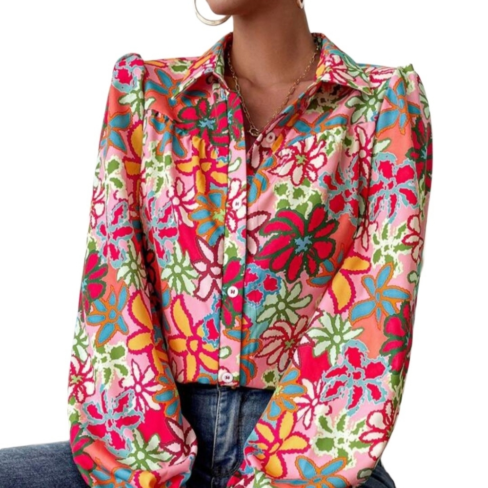 Floral Print Long Sleeve Collared Button Shirt (M)